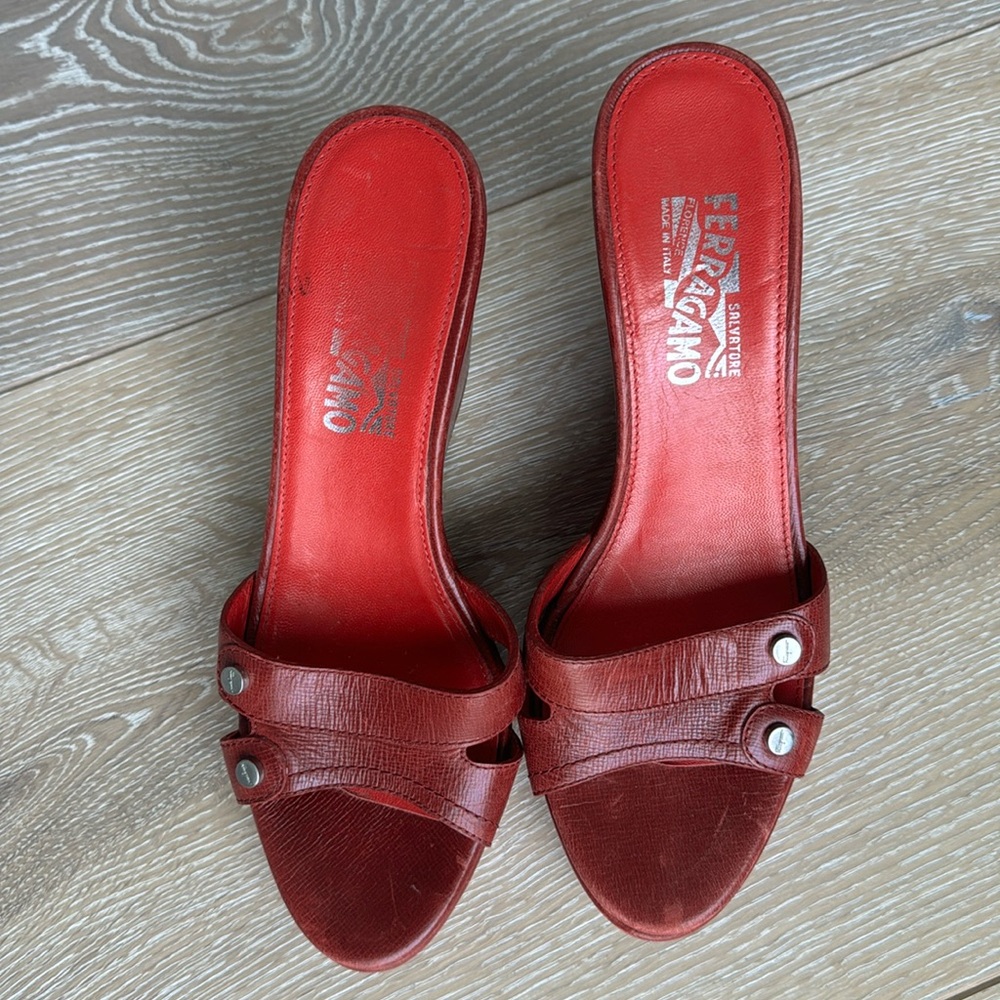 Ferragamo wedges, red leather, vintage . Size 8